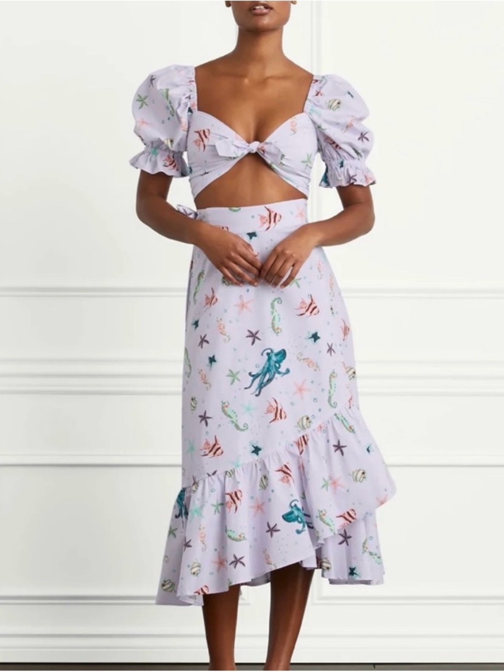 Hill House Isabella Crop Top Sea Creatures Lilac Puff Sleeve Tie Front Size S - Picture 3 of 7